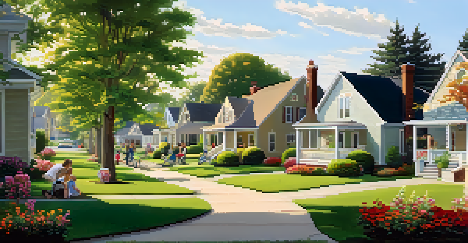 A serene suburban neighborhood in summer, with families enjoying their yards and children playing under the warm sunlight.