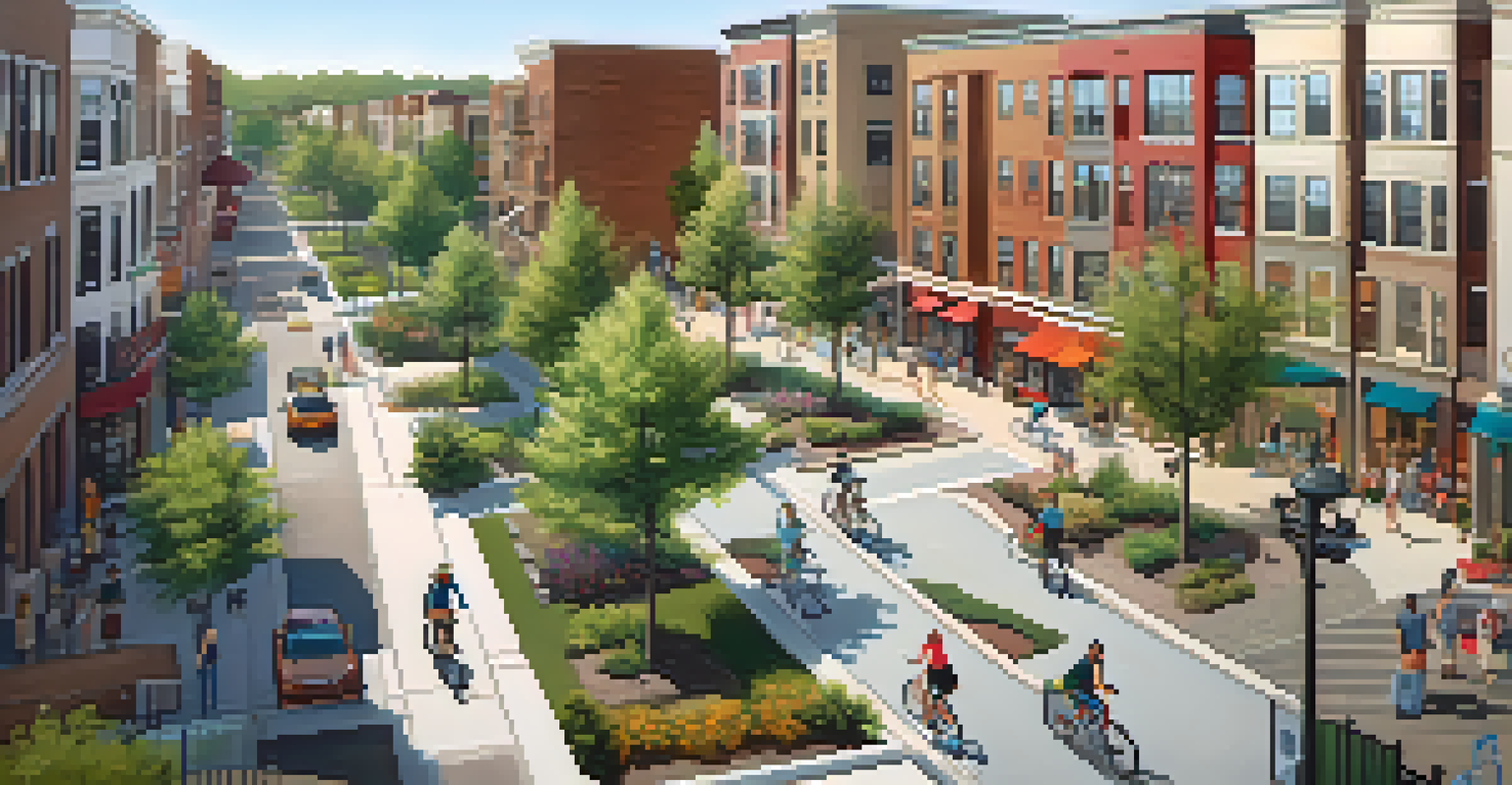 Aerial view of a mixed-use development with shops, parks, and residential areas bustling with families and cyclists.