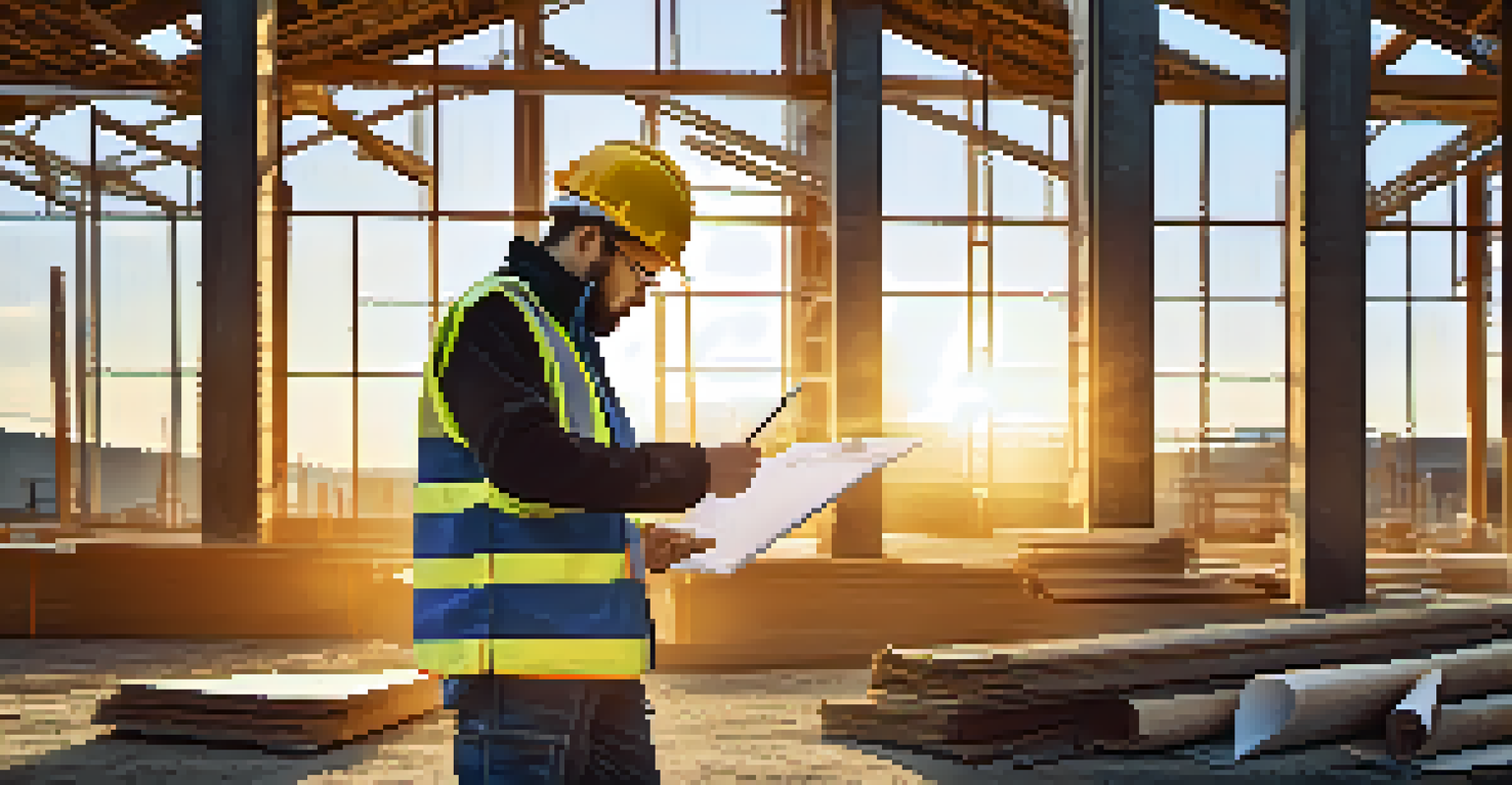 A contractor at a construction site reviewing quality assurance documents, with a clipboard in hand and a partially built structure in the background.