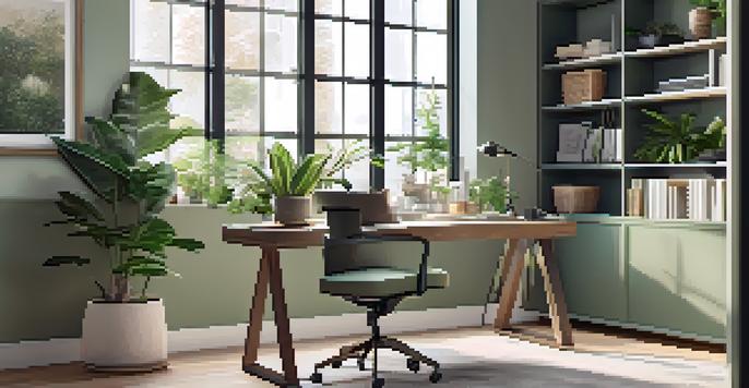 A contemporary home office with a desk, laptop, indoor plants, and large windows for natural light.