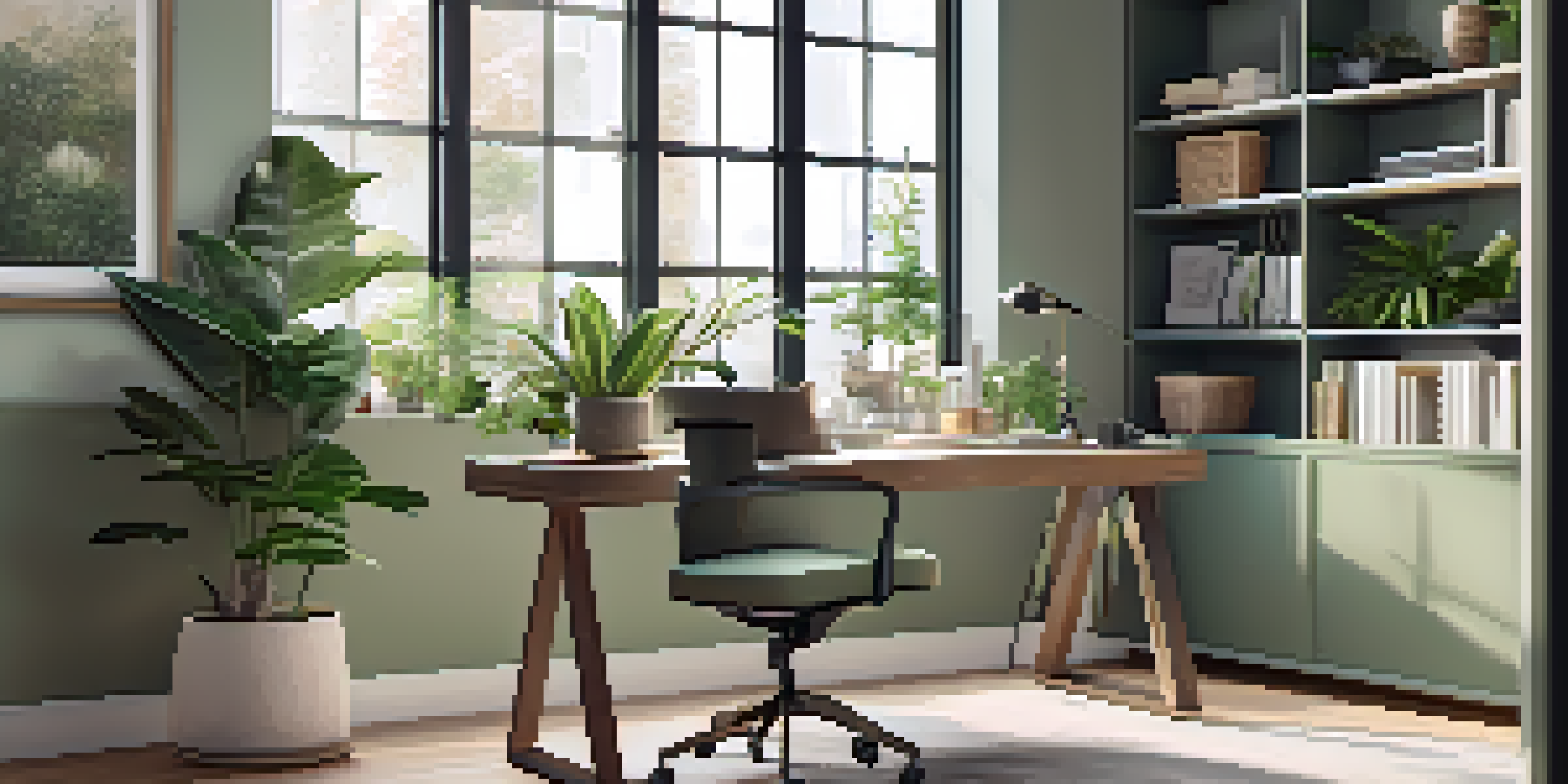 A contemporary home office with a desk, laptop, indoor plants, and large windows for natural light.