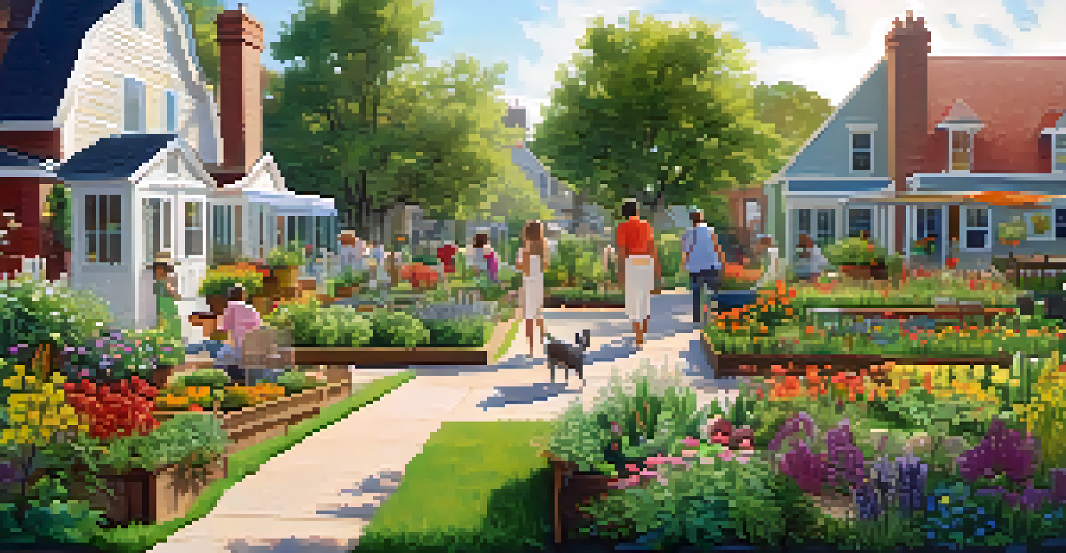 A community garden with colorful plants and eco-friendly homes, where residents are interacting and enjoying the outdoors.