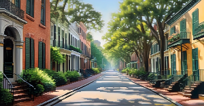A historic district in Savannah, Georgia with cobblestone streets and 19th-century buildings, surrounded by trees and flowers under soft morning sunlight.