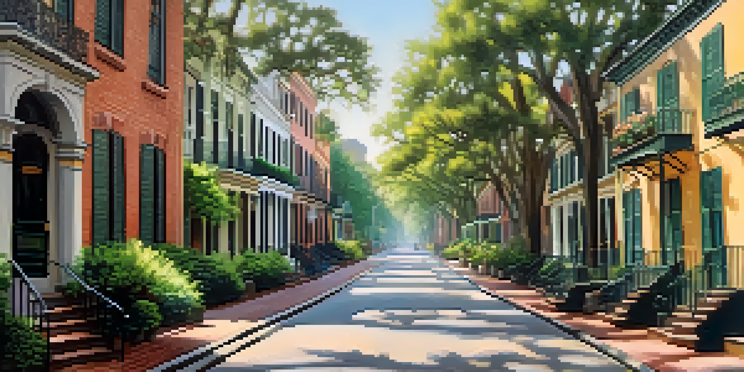 A historic district in Savannah, Georgia with cobblestone streets and 19th-century buildings, surrounded by trees and flowers under soft morning sunlight.