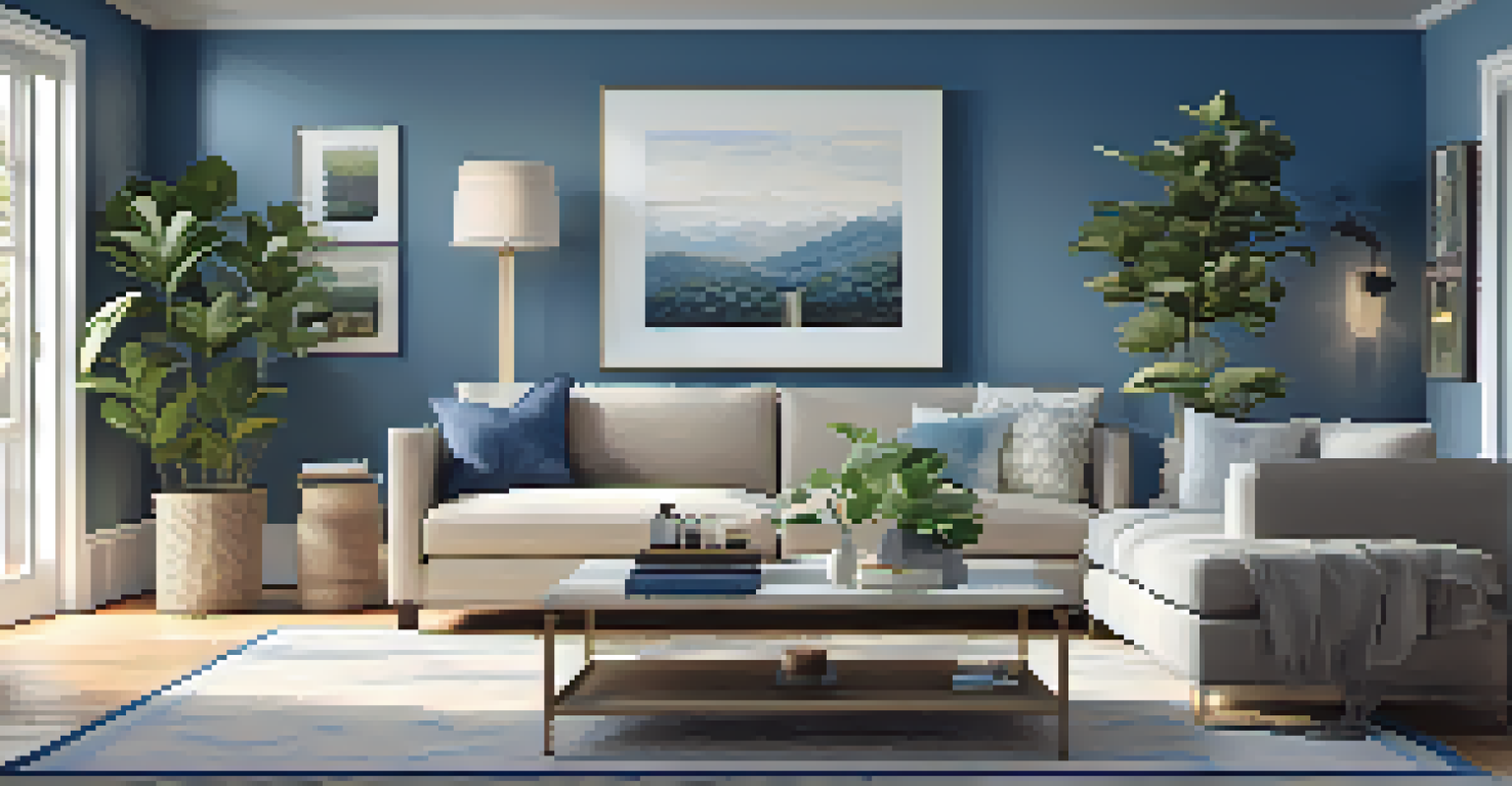 A cozy living room with plush furniture, artwork on the walls, and a large window letting in sunlight.