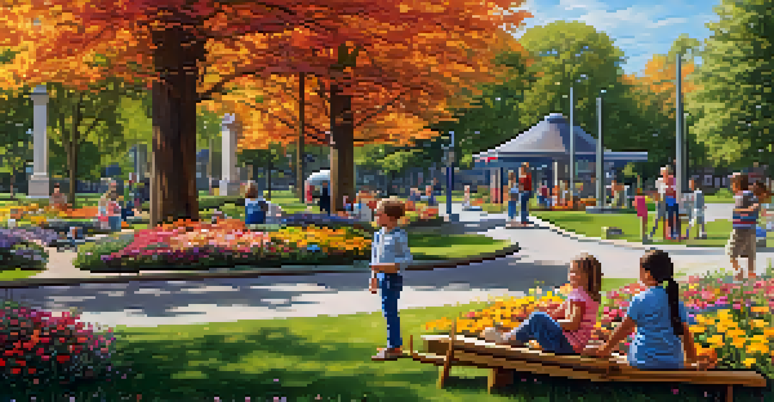 A joyful family playing in a colorful park filled with flowers and trees on a sunny day.