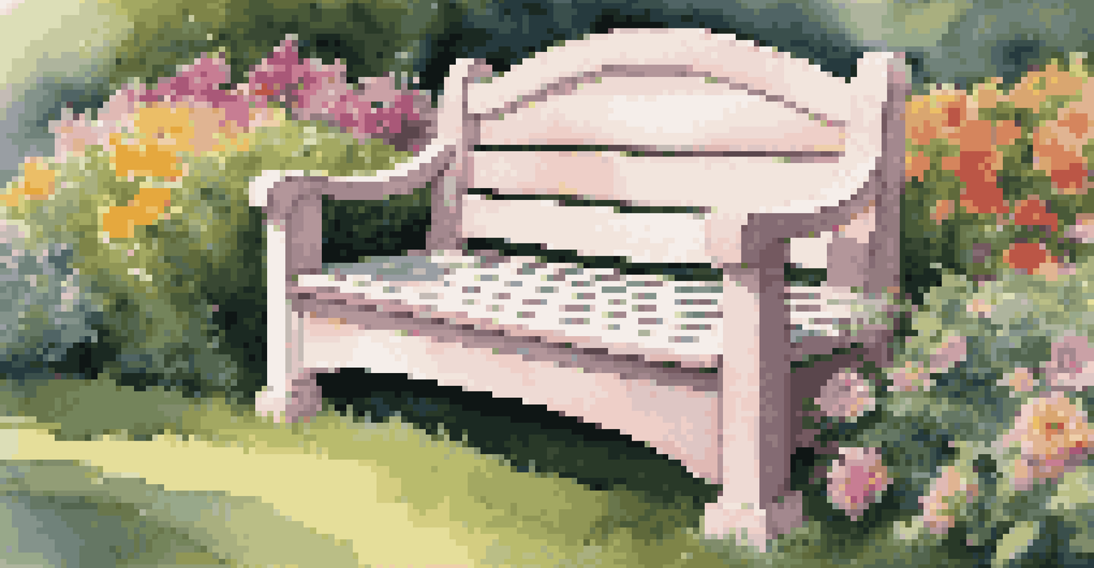 A pastel-colored storage bench hidden in a flower garden, surrounded by colorful flowers and a trimmed lawn.