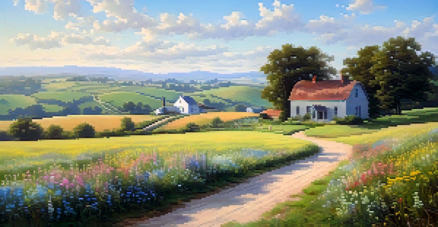 A peaceful rural landscape with rolling hills, a farmhouse, and fields of wildflowers under a clear blue sky.