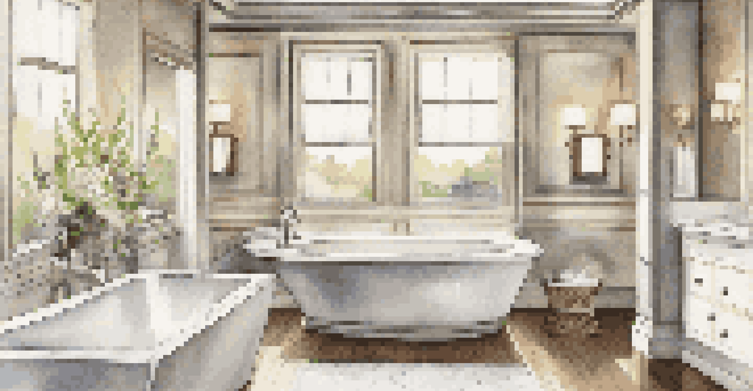 An elegant bathroom featuring a freestanding soaking tub, marble tiles, and modern fixtures, creating a luxurious atmosphere.