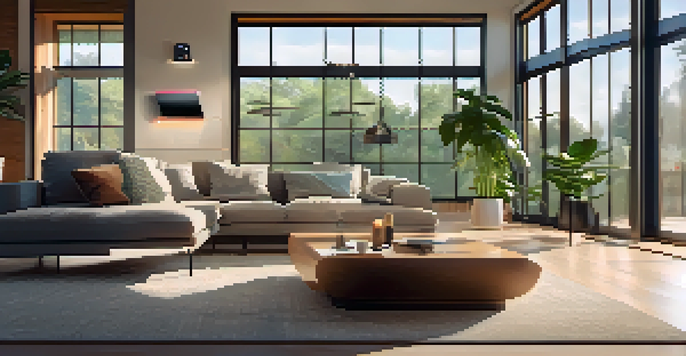 A cozy living room with a smart speaker, ambient smart lights, and a smart thermostat, illuminated by natural light.