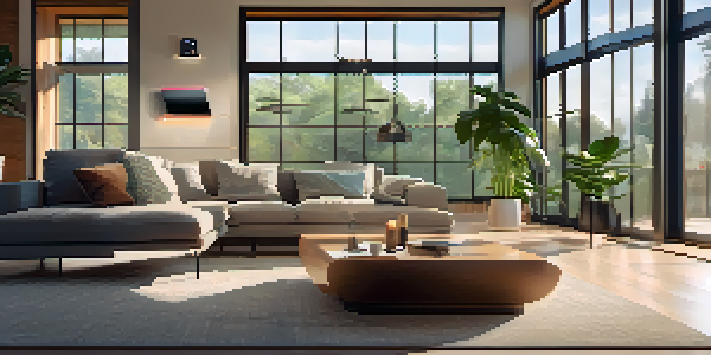 A cozy living room with a smart speaker, ambient smart lights, and a smart thermostat, illuminated by natural light.