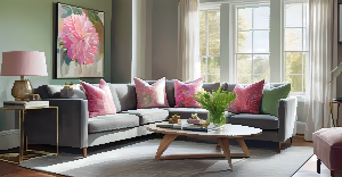 A cozy living room with a colorful floral throw pillow on a gray sofa, illuminated by sunlight.
