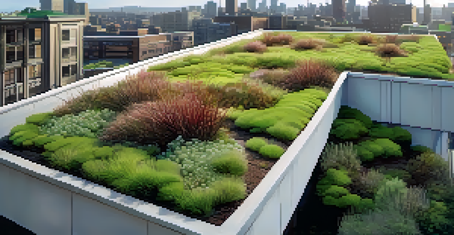 A wide view of a green roof with hardy plants, contrasting with the cityscape below, captured in soft natural light.