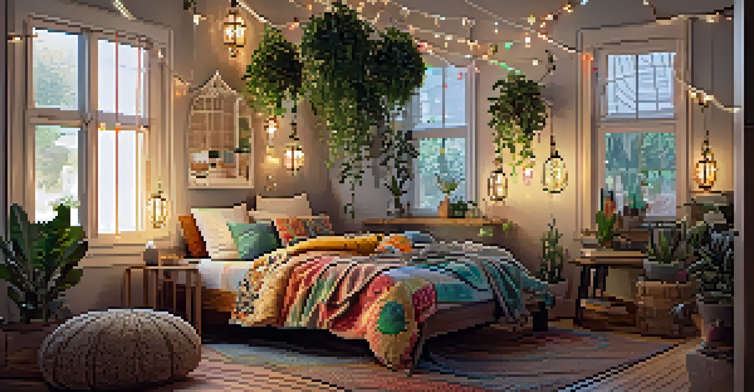 A vibrant bohemian bedroom with colorful string lights, patterned cushions, and hanging lanterns creating a cozy ambiance.