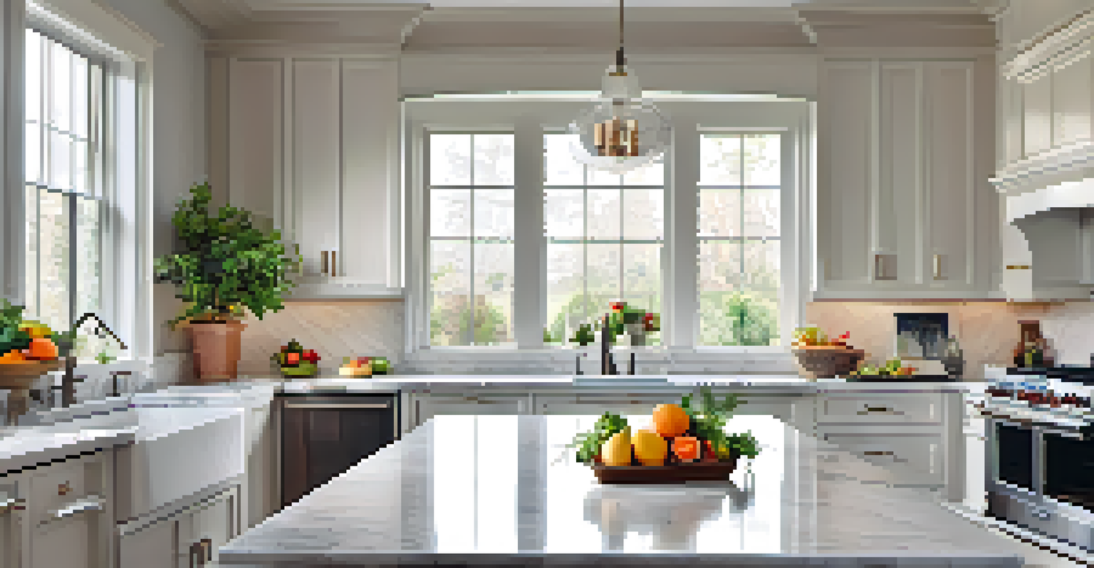A modern kitchen featuring white cabinets, stainless steel appliances, and fresh ingredients on the countertop.