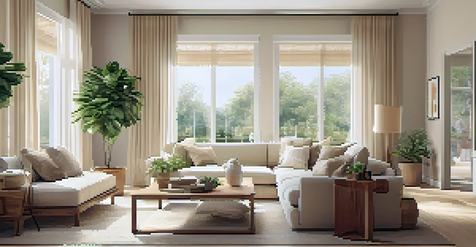 A spacious living room filled with natural light from large windows, featuring a beige sofa, wooden coffee table, and potted plants.