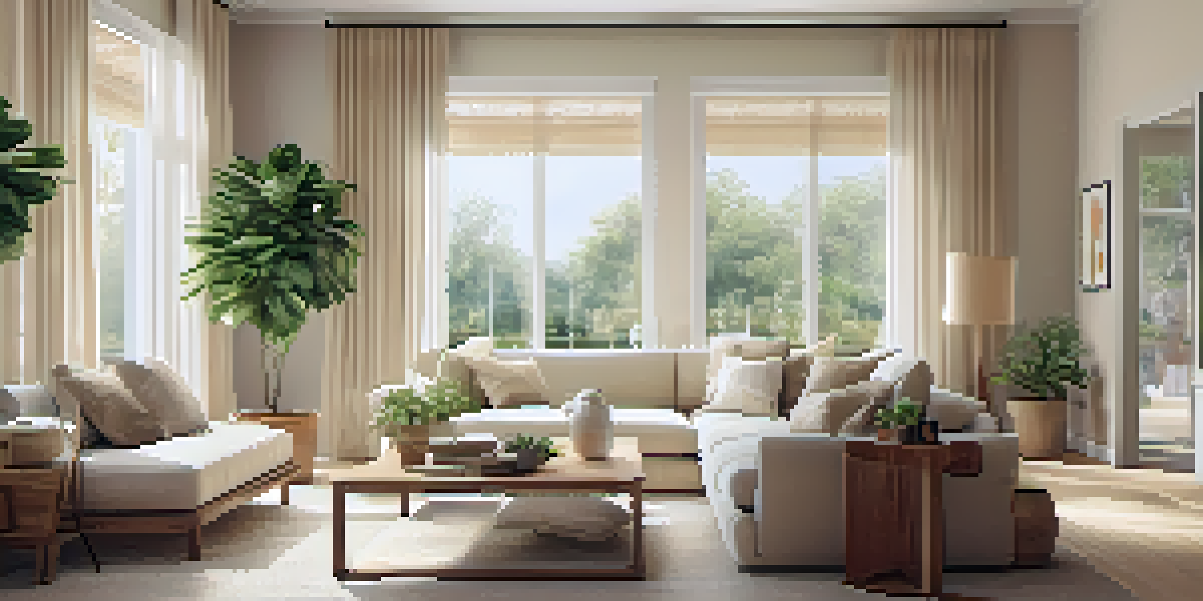 A spacious living room filled with natural light from large windows, featuring a beige sofa, wooden coffee table, and potted plants.