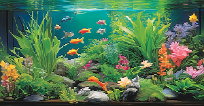 A colorful aquarium decorated with pastel flowers, bunny ornaments, and aquatic plants, illuminated by soft lighting.