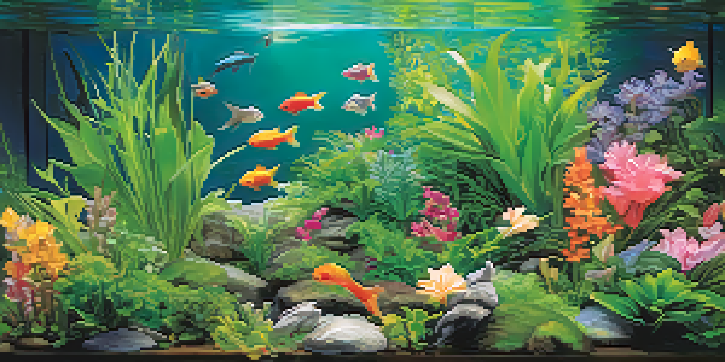 A colorful aquarium decorated with pastel flowers, bunny ornaments, and aquatic plants, illuminated by soft lighting.