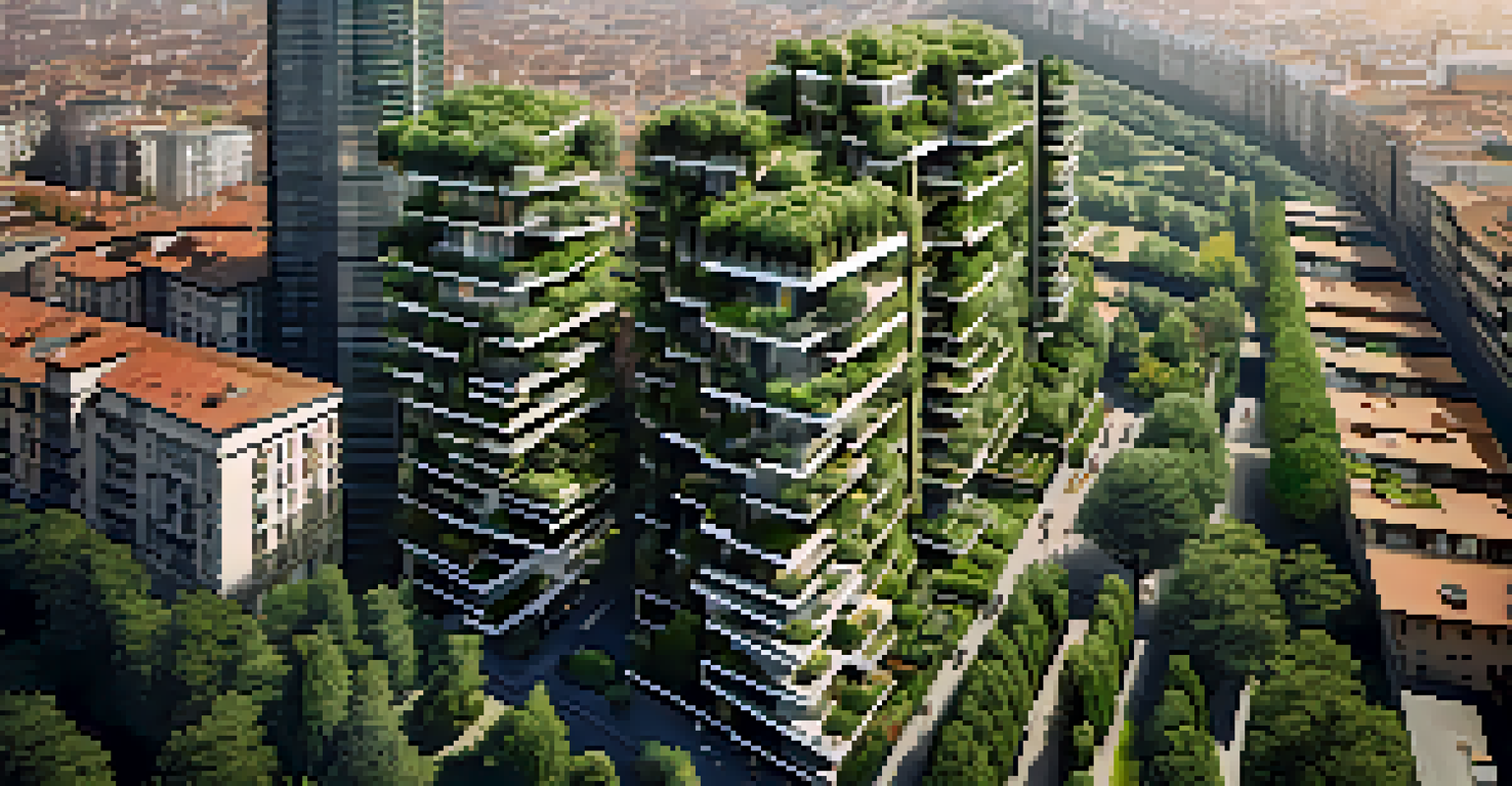 Aerial view of Bosco Verticale, featuring residential towers covered in greenery, blending nature with city life.