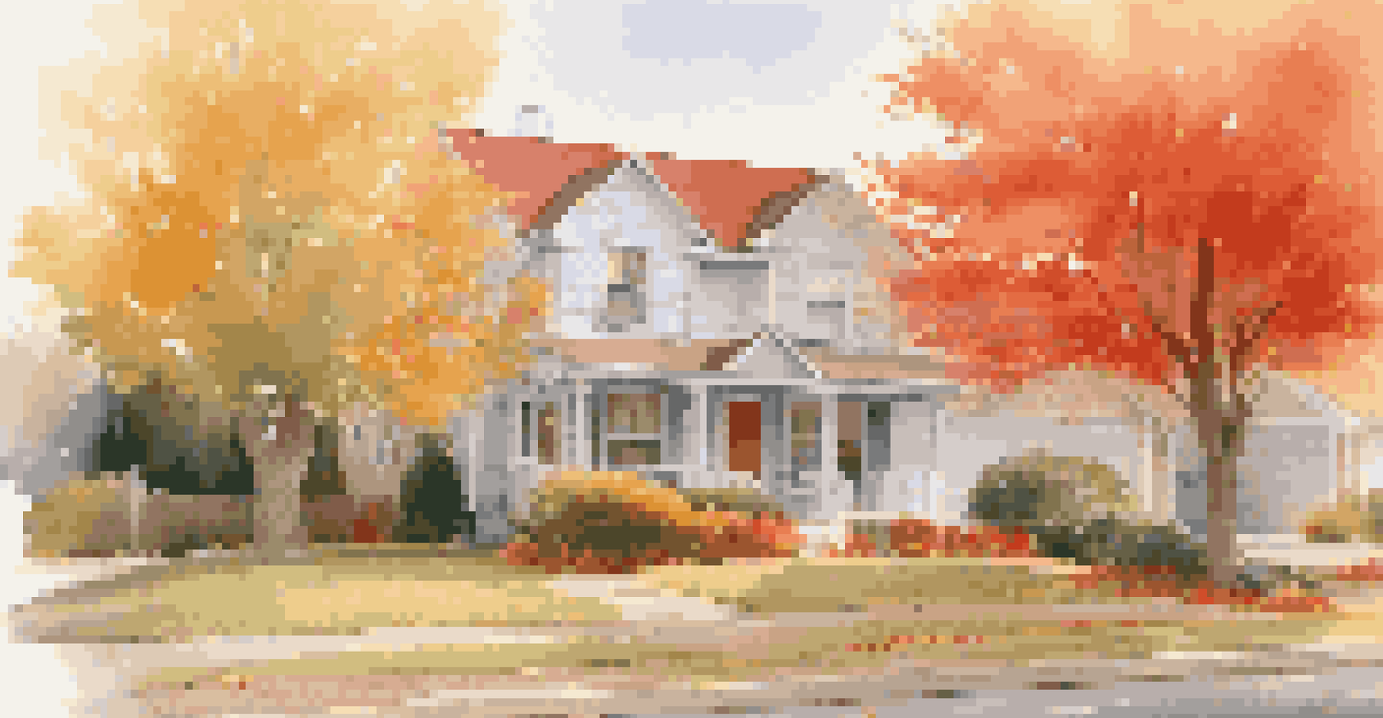 A serene suburban street featuring a three-bedroom home surrounded by colorful autumn leaves and a well-kept lawn.