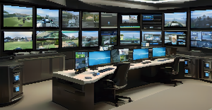 A modern home security command center with multiple screens showing live security camera feeds, a sleek desk, and smart devices, illuminated by natural light.