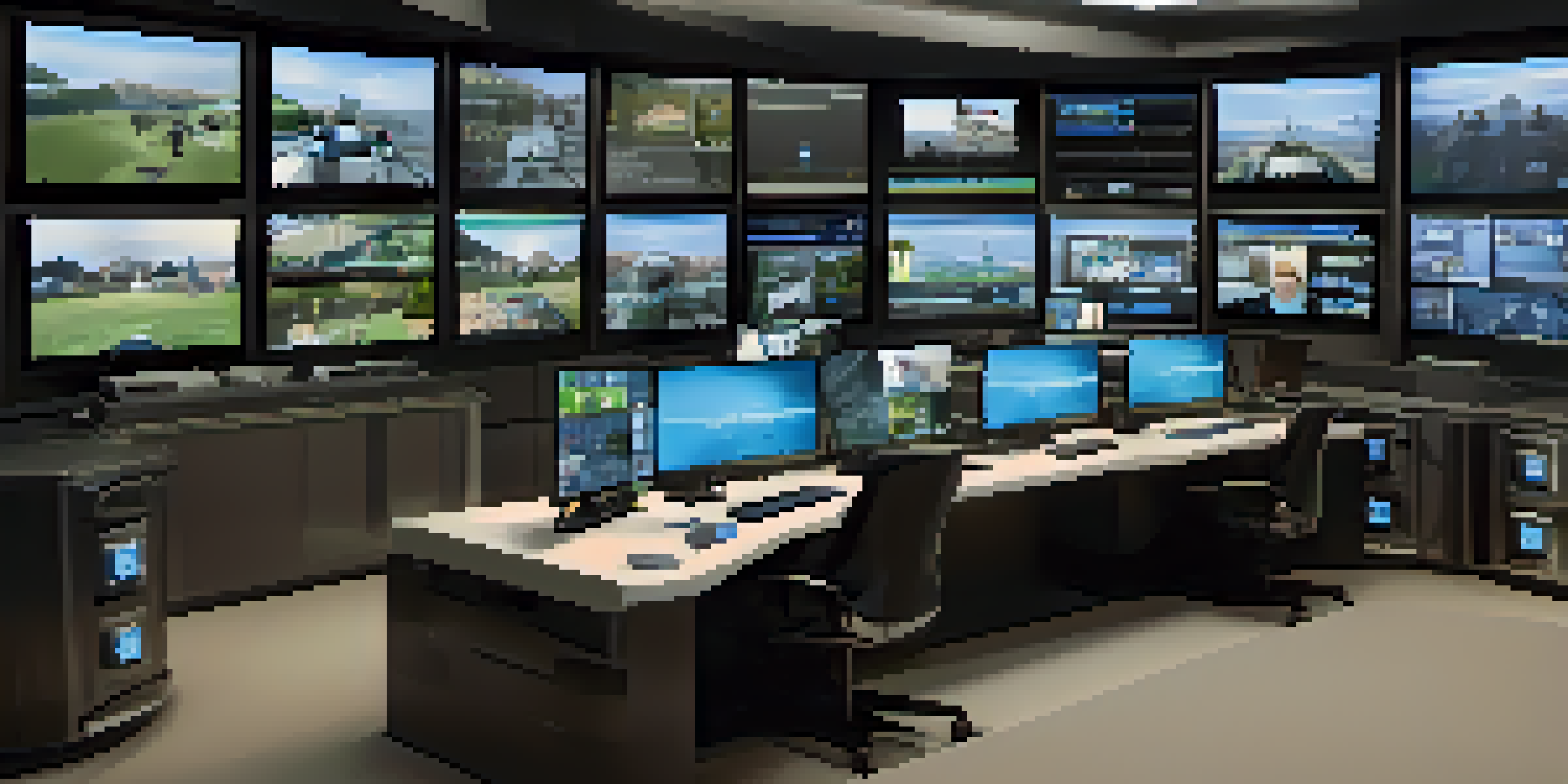 A modern home security command center with multiple screens showing live security camera feeds, a sleek desk, and smart devices, illuminated by natural light.