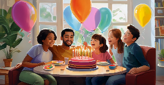 A joyful family celebrating a child's birthday in a cozy living room filled with balloons and a birthday cake.