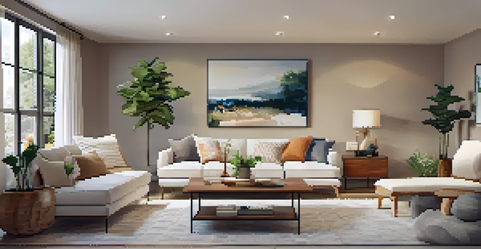 A cozy and beautifully staged living room with warm lighting and decorative plants, showcasing a welcoming atmosphere for a property viewing.