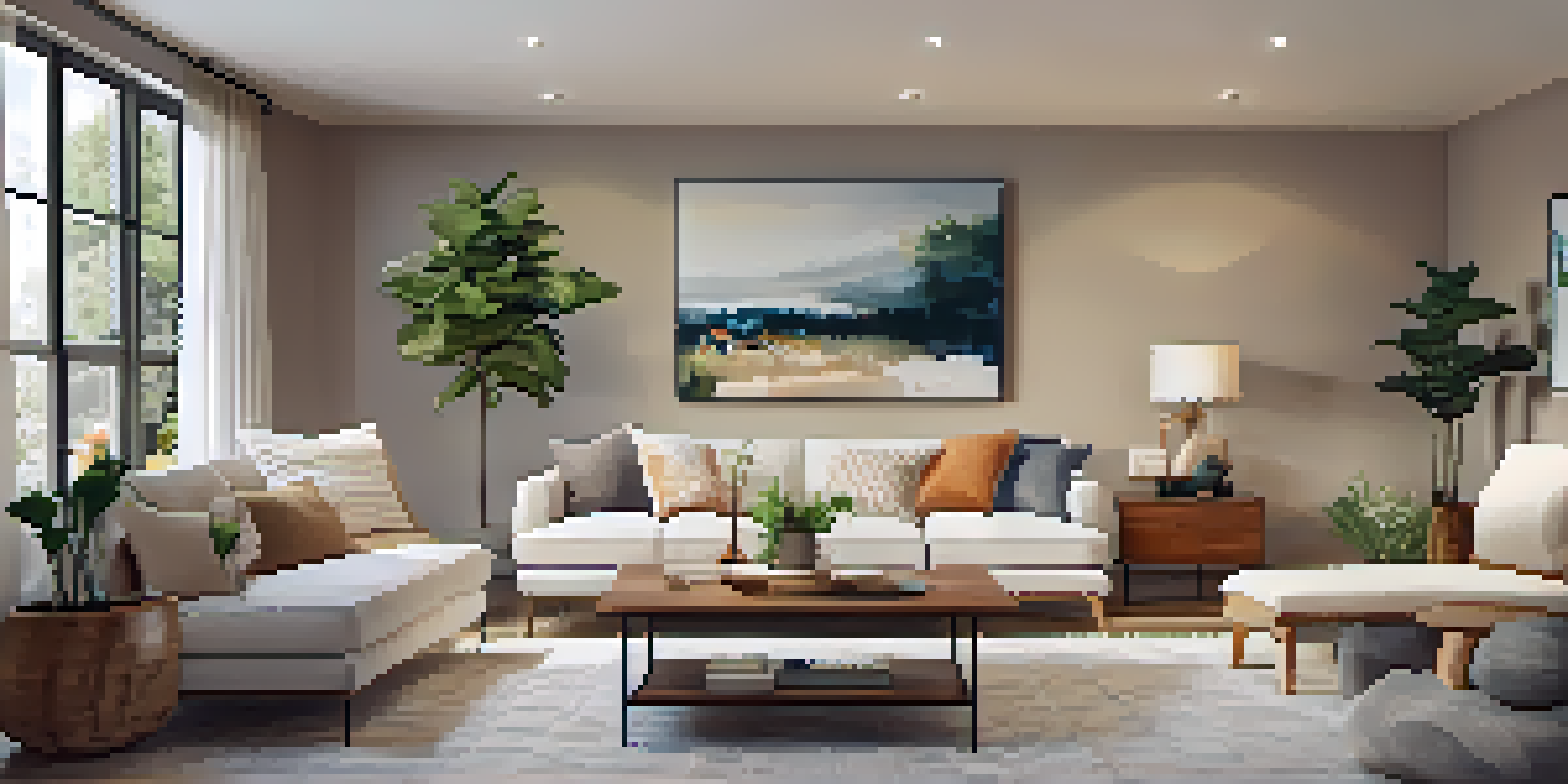 A cozy and beautifully staged living room with warm lighting and decorative plants, showcasing a welcoming atmosphere for a property viewing.