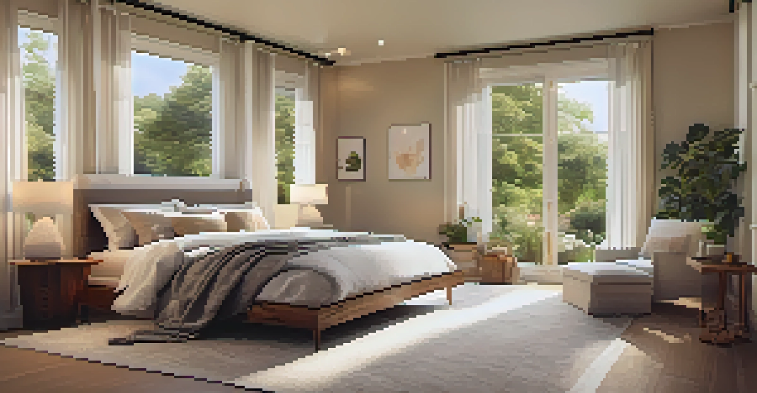 A cozy bedroom with beige carpet and a view of a garden.