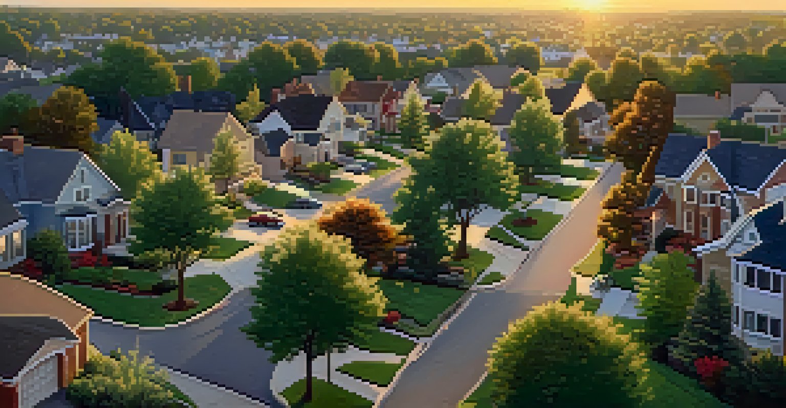 Aerial view of a peaceful suburban neighborhood with homes and families enjoying the outdoors.