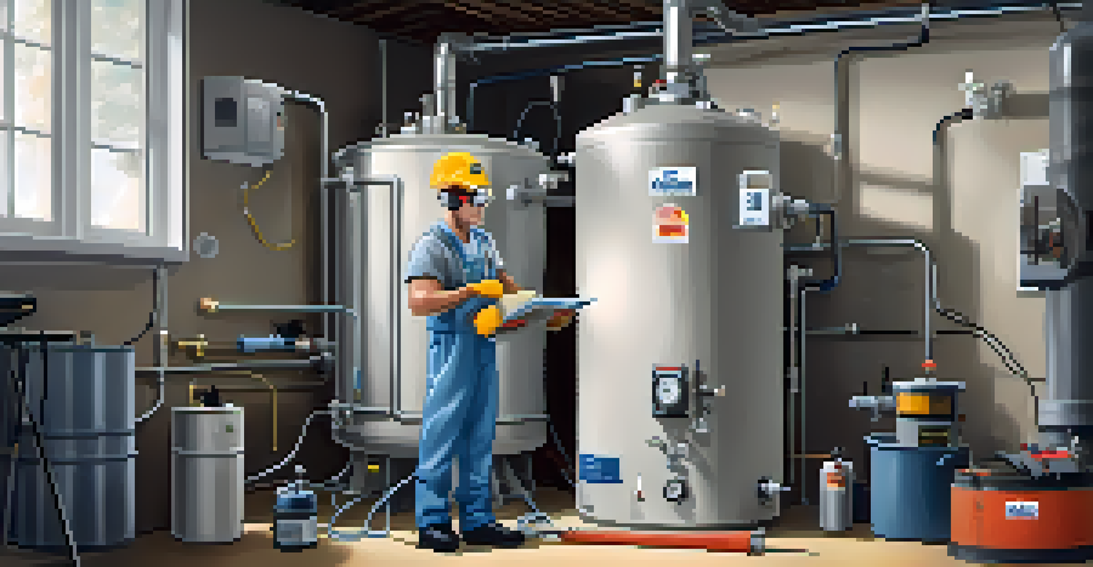 A technician repairing a water heater in a clean and organized basement.