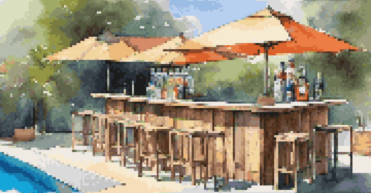 An outdoor bar at a poolside with wooden pallets, colorful drinks, and bright bar stools under a sunny sky.