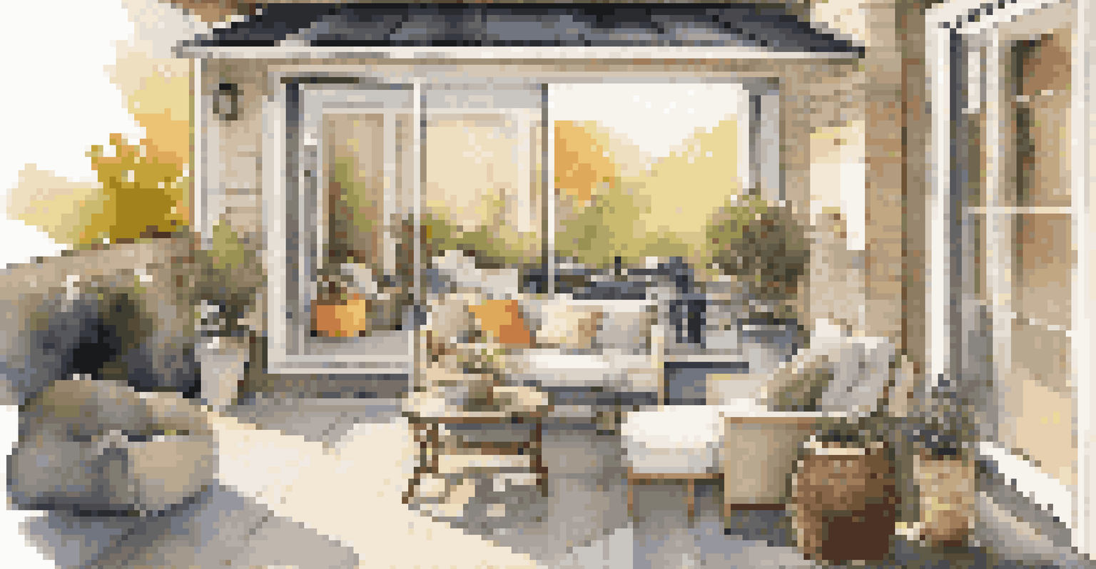 A modern outdoor patio featuring smart climate control, stylish furniture, and automated lighting for a cozy ambiance.