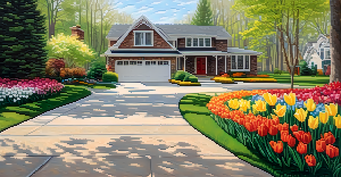 A beautiful stamped concrete driveway surrounded by colorful flower beds and soft sunlight.