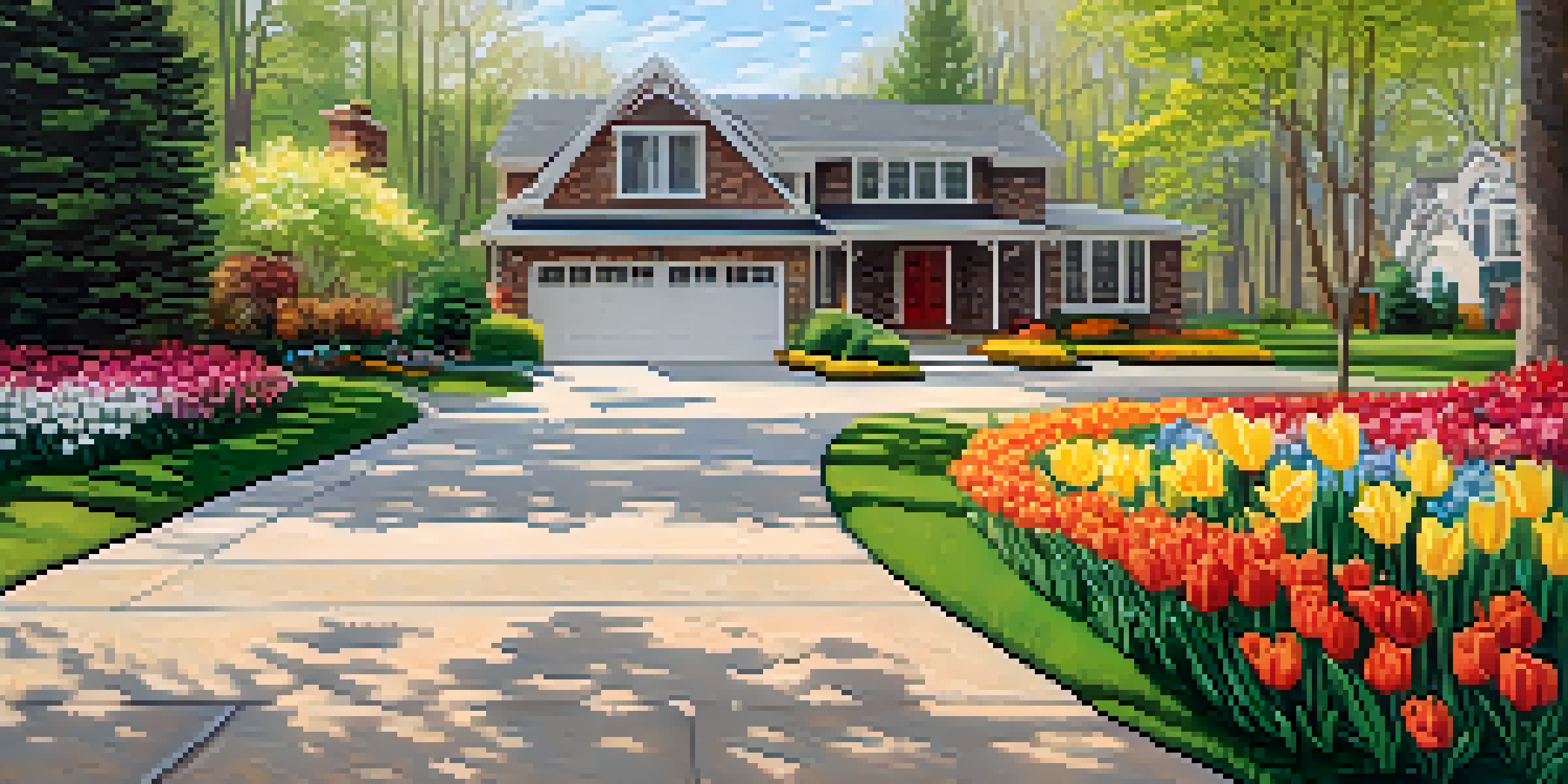 A beautiful stamped concrete driveway surrounded by colorful flower beds and soft sunlight.