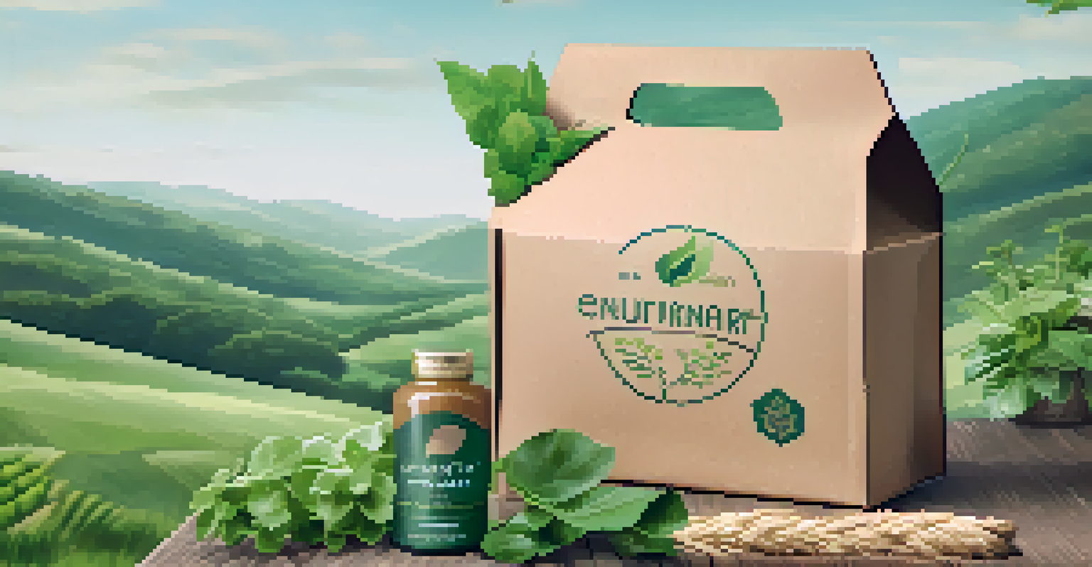 An eco-friendly product packaging with various green certification logos, made from recycled materials set against a blurred green landscape.