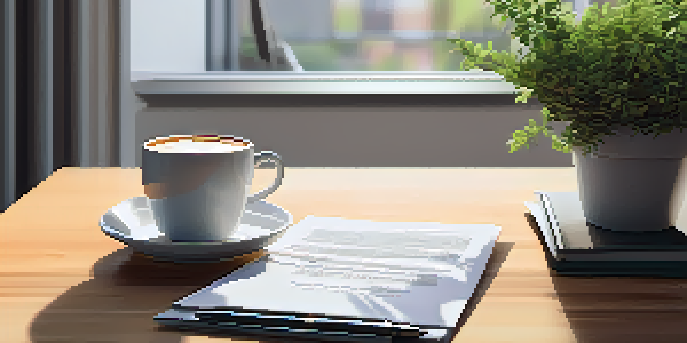 A close-up of a real estate contract on a wooden desk with a pen, a laptop, and a coffee cup in a softly lit room.