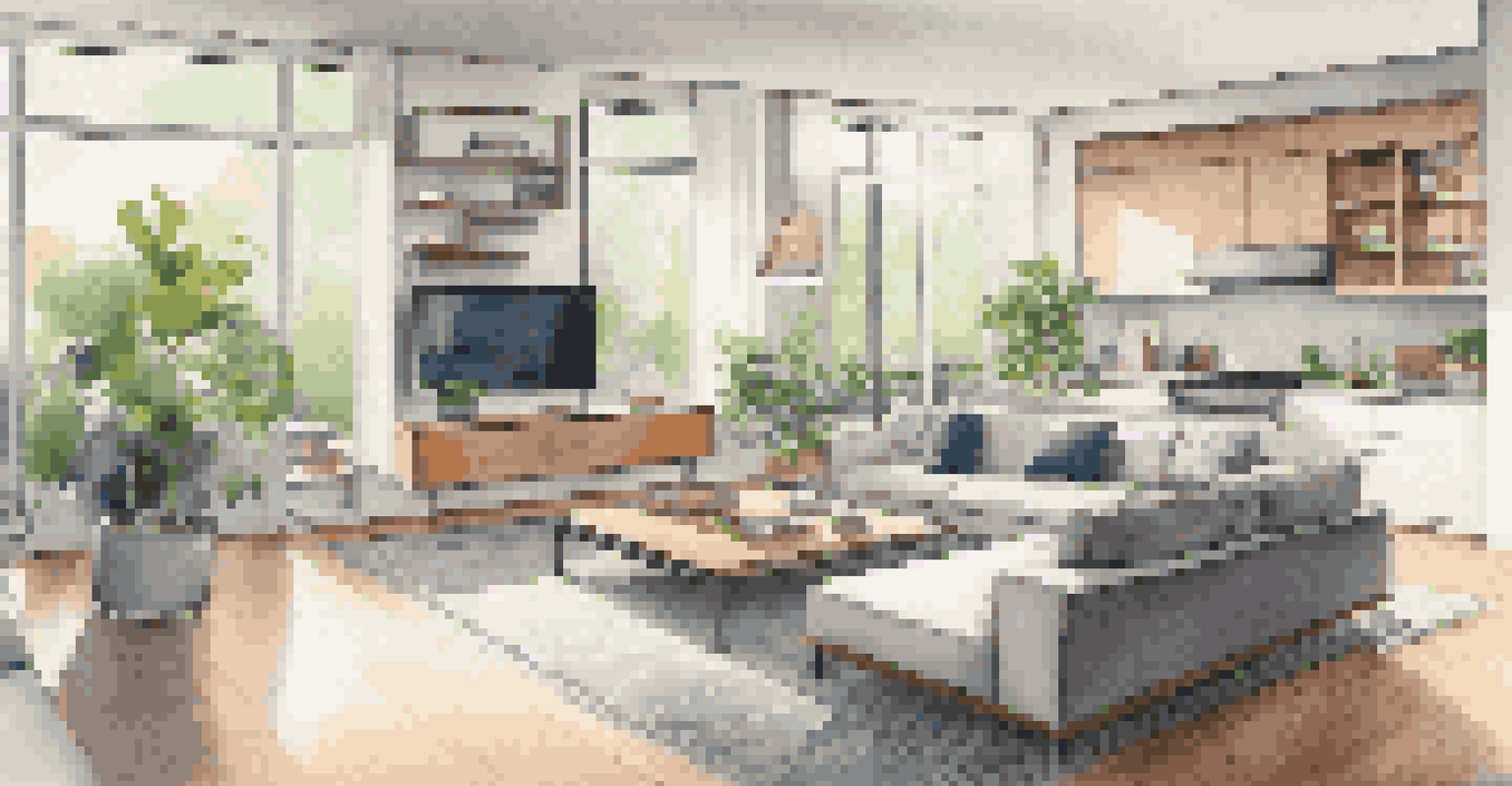 Interior of a smart home featuring modern technology, energy-efficient lighting, and stylish furnishings with plants.