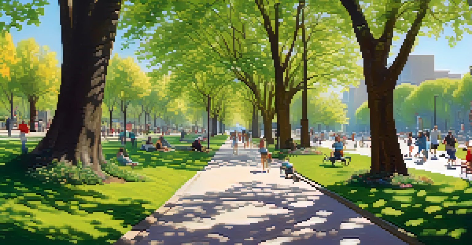 A vibrant urban park with trees, flowers, and people enjoying outdoor activities.