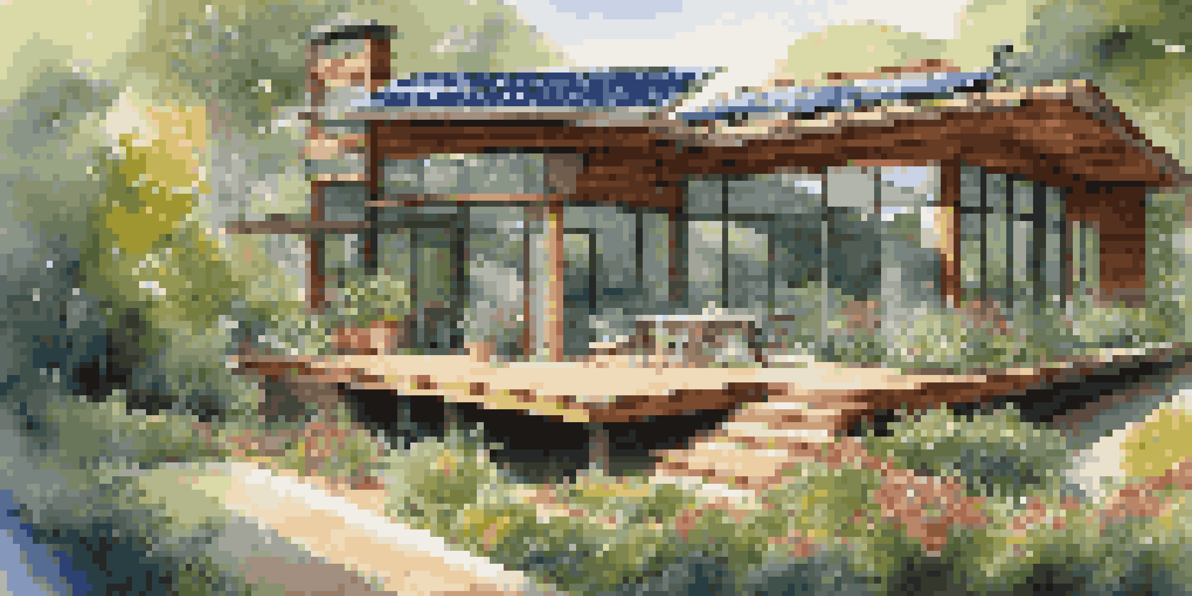 A contemporary house with solar panels in a green garden, showcasing sustainable living.