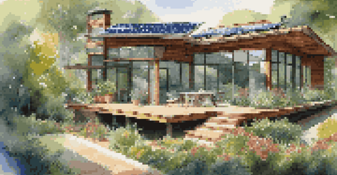 A contemporary house with solar panels in a green garden, showcasing sustainable living.