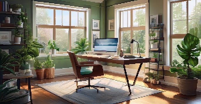 A well-decorated home office with a desk and laptop, surrounded by plants and a view of a green backyard.