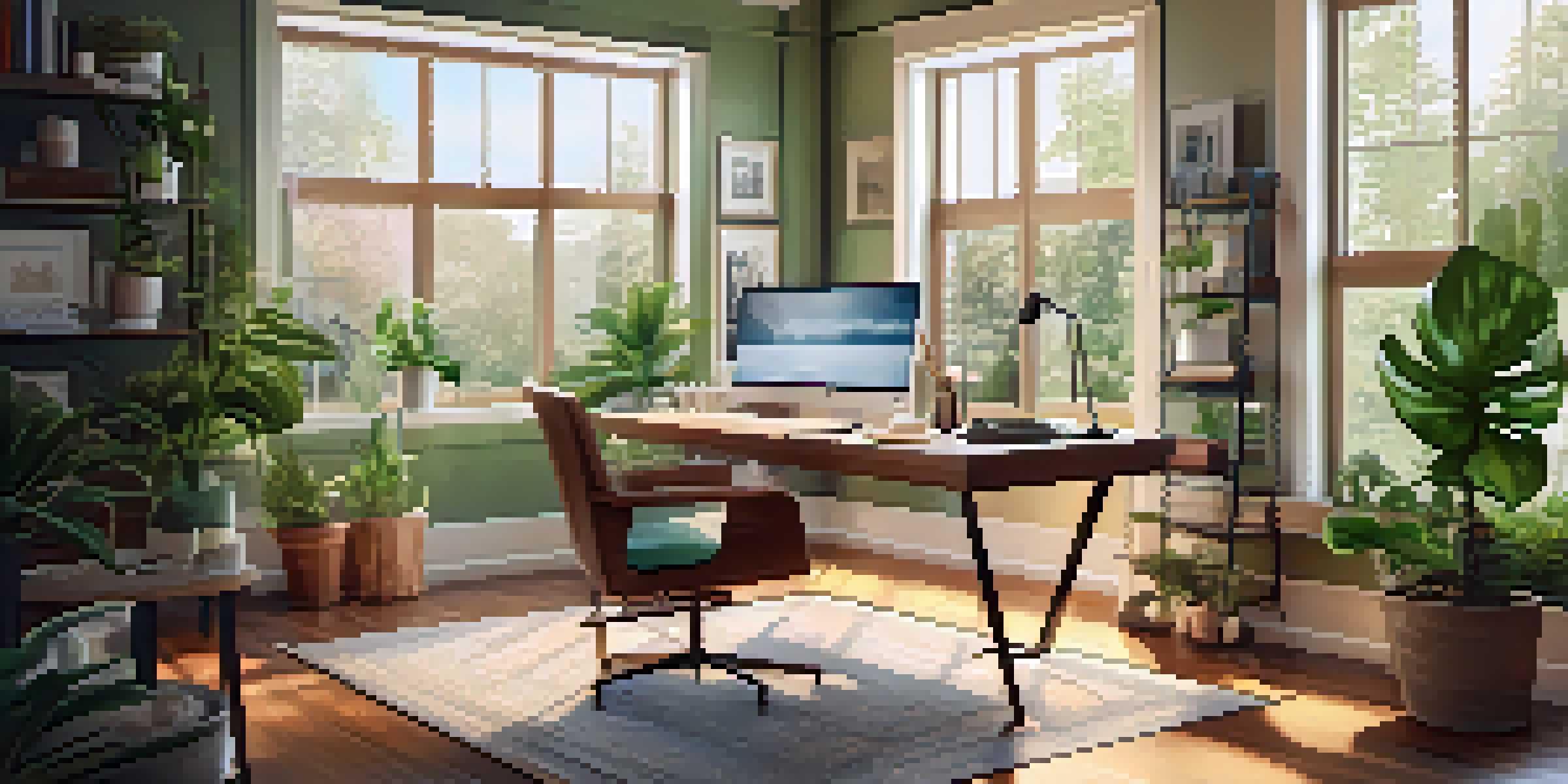 A well-decorated home office with a desk and laptop, surrounded by plants and a view of a green backyard.