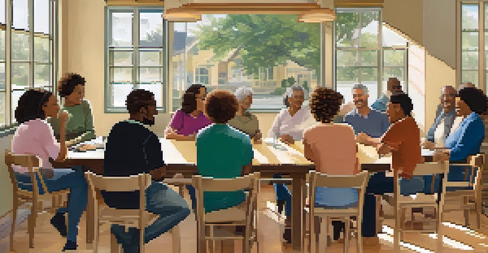 A diverse group of homeowners gathered in a community center discussing financial resources, surrounded by warm lighting and decorations.