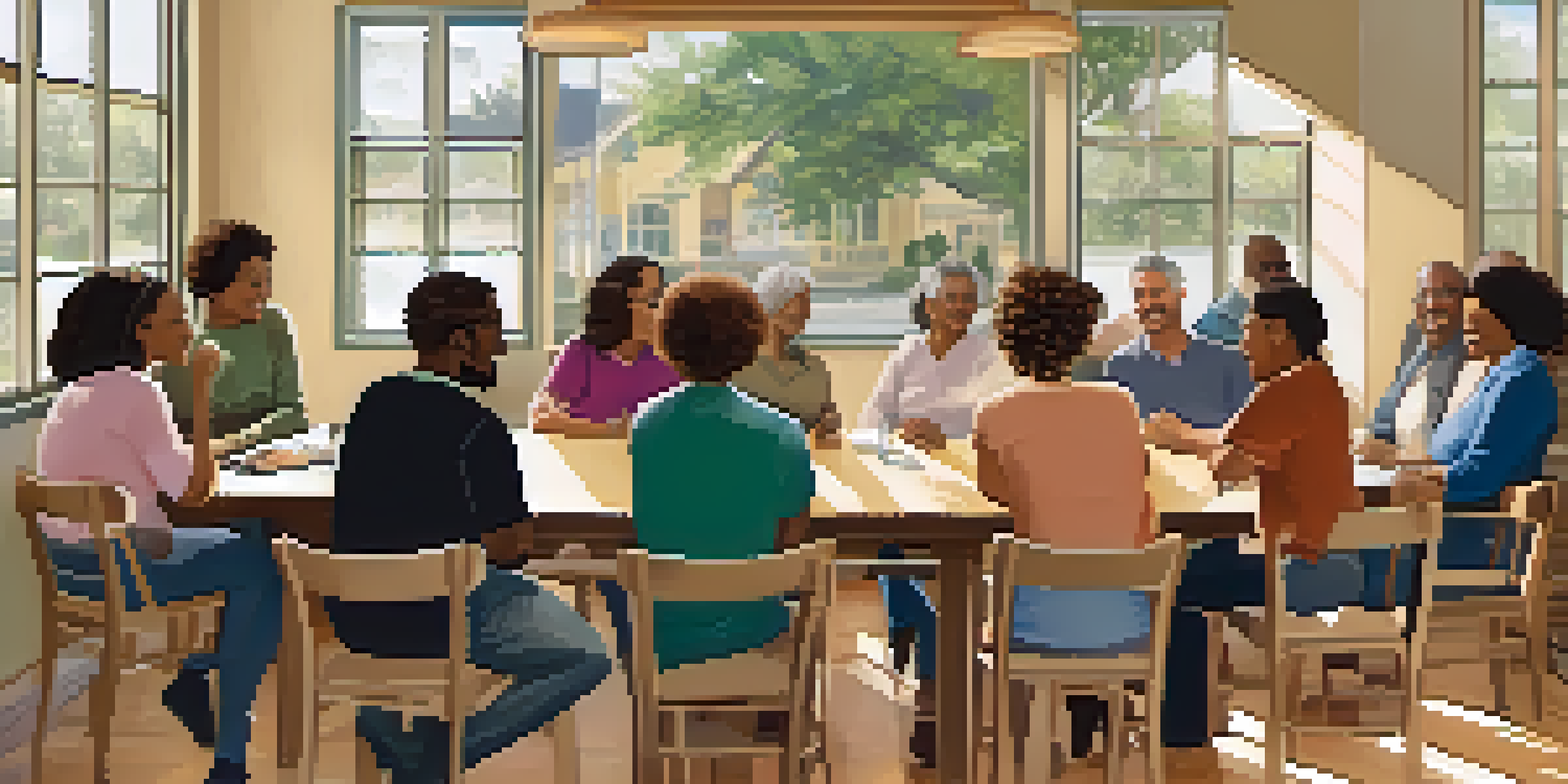 A diverse group of homeowners gathered in a community center discussing financial resources, surrounded by warm lighting and decorations.