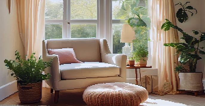 A bright and inviting reading nook with natural light streaming through a large window, soft textiles, and plants.
