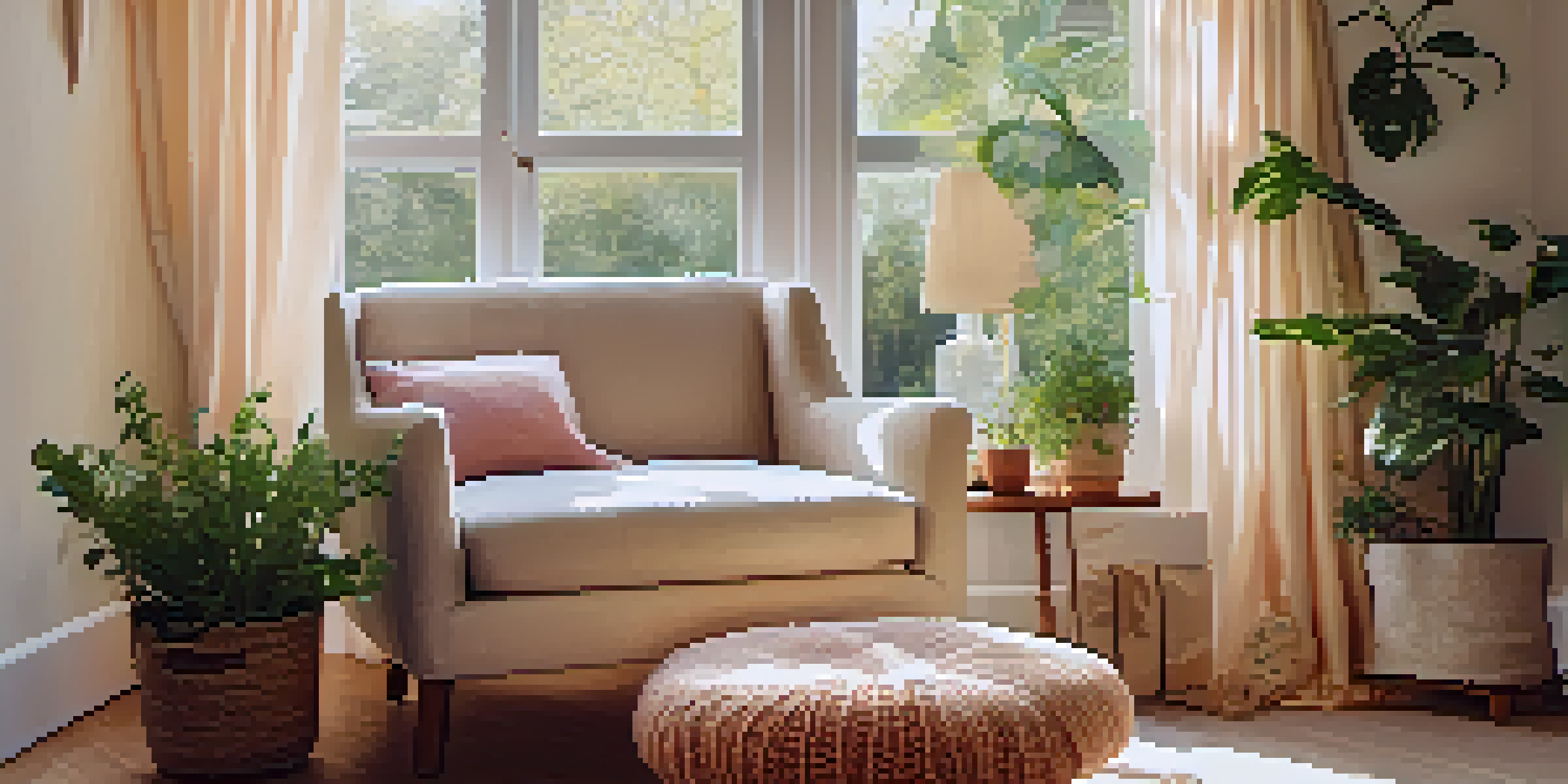 A bright and inviting reading nook with natural light streaming through a large window, soft textiles, and plants.