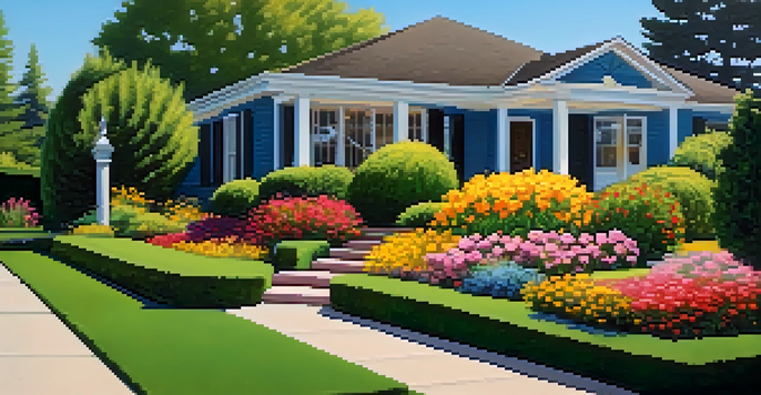 A bright and inviting front yard filled with colorful flowers, trimmed hedges, and a modern front door, all under a clear blue sky.